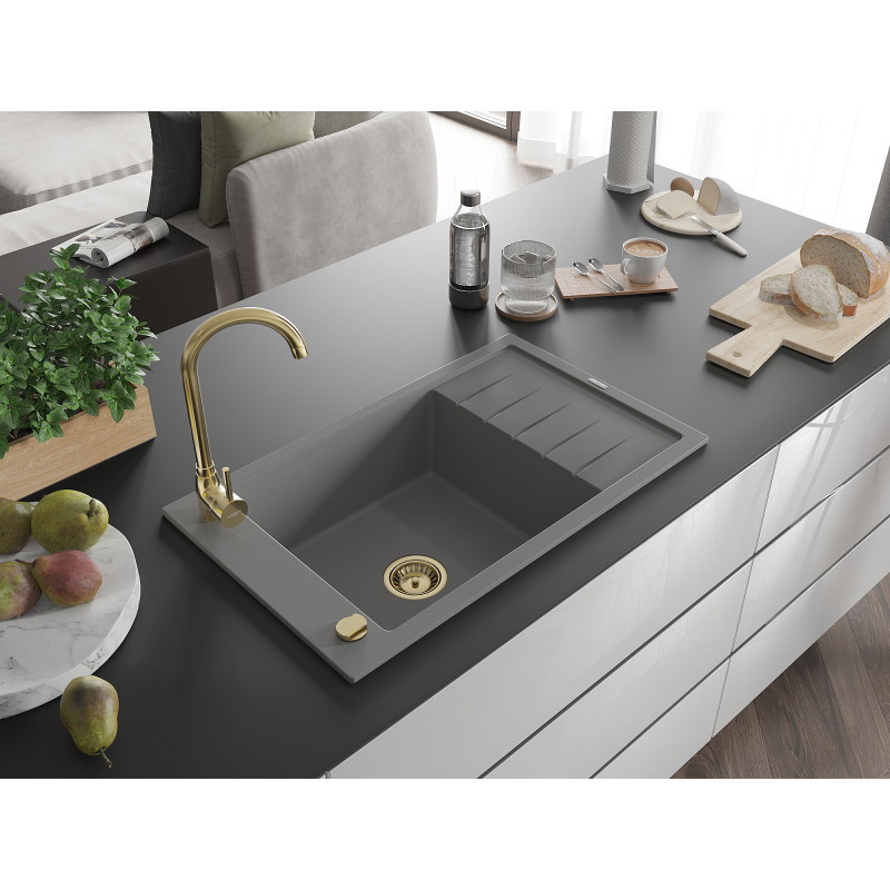 Mexen Elias Granitspüle 1-beckig mit Abtropffläche 795 x 480 mm, grau, Siphon gold - 6511791005-71-G