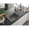 Mexen Elias Granitspüle 1-beckig mit Abtropffläche 795 x 480 mm, grau, Siphon gold - 6511791005-71-G