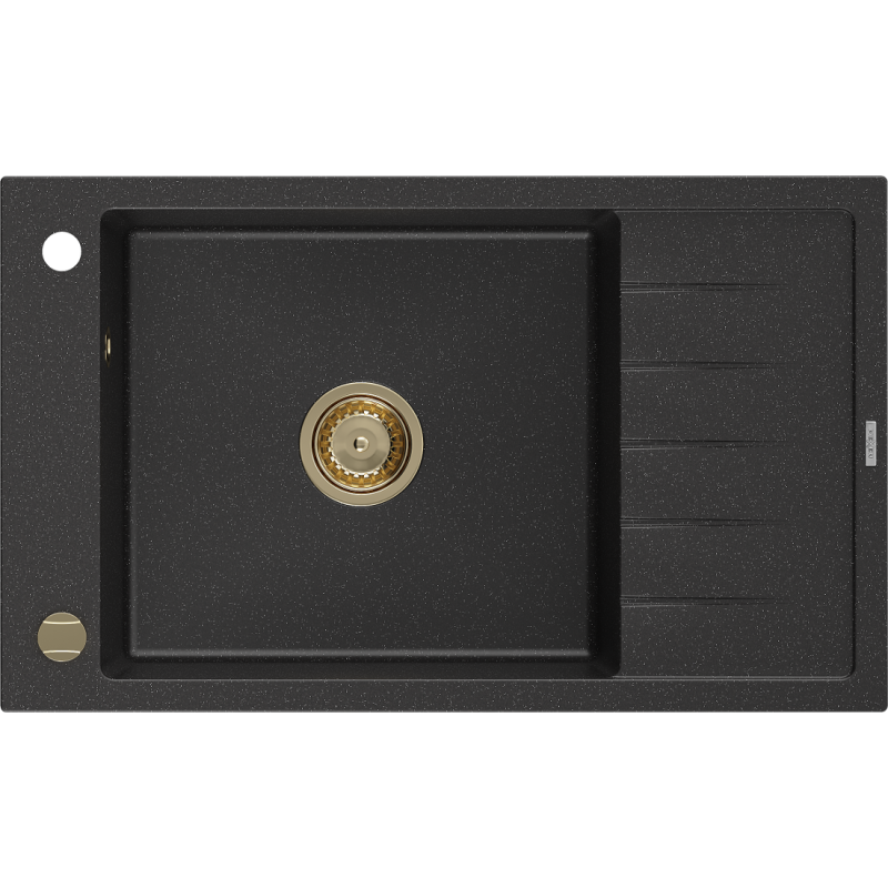 Mexen Elias Granitspüle 1-Becken mit Abtropffläche 795 x 480 mm, schwarz/silber metallic, goldener Siphon - 6511791005-73-G