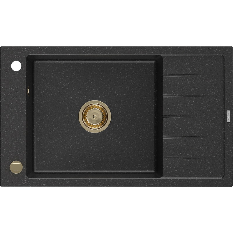 Mexen Elias Granitspüle 1-Becken mit Abtropffläche 795 x 480 mm, Schwarz/Silber Metallic, Siphon Gold - 6511791005-73-G