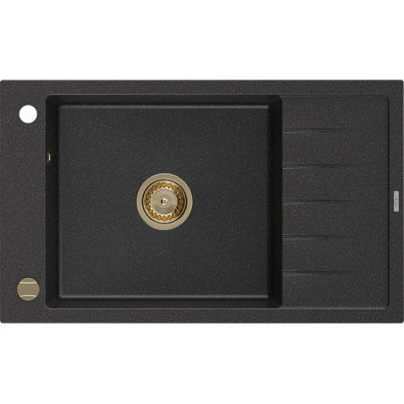 Mexen Elias Granitspüle 1-Becken mit Abtropffläche 795 x 480 mm, schwarz/silber metallic, goldener Siphon - 6511791005-73-G