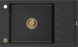Mexen Elias Granitspüle 1-Becken mit Abtropffläche 795 x 480 mm, schwarz/silber metallic, goldener Siphon - 6511791005-73-G