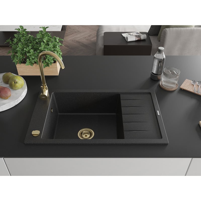 Mexen Elias Granitspüle 1-Becken mit Abtropffläche 795 x 480 mm, schwarz/silber metallic, goldener Siphon - 6511791005-73-G