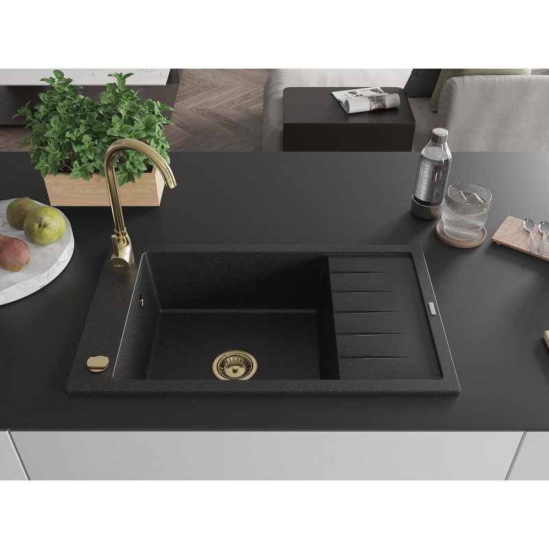 Mexen Elias Granitspüle 1-Becken mit Abtropffläche 795 x 480 mm, schwarz/silber Metallic, Siphon golden - 6511791005-73-G