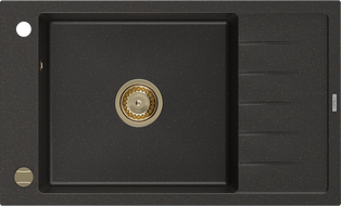 Mexen Elias Granitspüle 1-Becken mit Abtropffläche 795 x 480 mm, Schwarz/Gold Metallic, Goldener Siphon - 6511791005-75-G