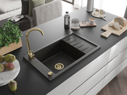 Mexen Elias Granitspüle 1-beckig mit Abtropffläche 795 x 480 mm, schwarz/gold metallic, goldener Siphon - 6511791005-75-G