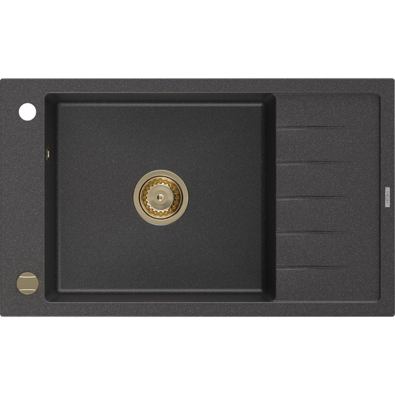 Mexen Elias granitspüle 1-beckig mit Abtropffläche 795 x 480 mm, schwarz gesprenkelt, goldener Siphon - 6511791005-76-G