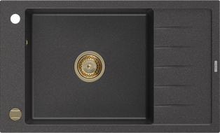 Mexen Elias Granitspüle 1-Becken mit Abtropffläche 795 x 480 mm, schwarz gesprenkelt, Siphon gold - 6511791005-76-G