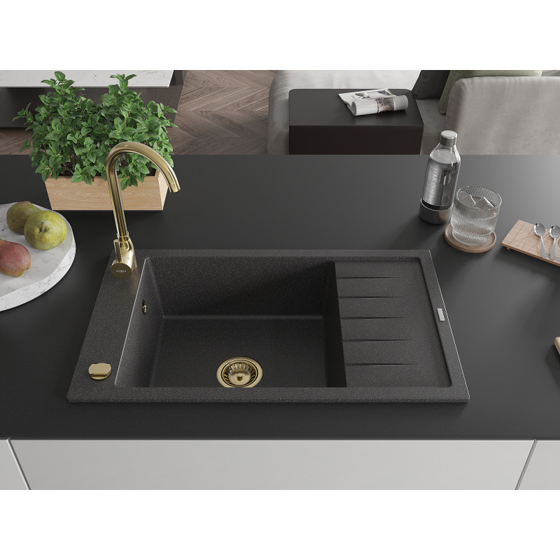 Mexen Elias Granitspüle 1-Becken mit Abtropffläche 795 x 480 mm, schwarz gesprenkelt, Siphon gold - 6511791005-76-G