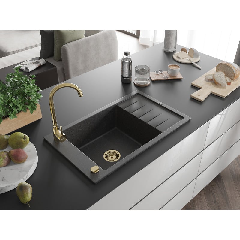Mexen Elias Granitspüle 1-Becken mit Abtropffläche 795 x 480 mm, schwarz gesprenkelt, Siphon gold - 6511791005-76-G