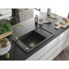 Mexen Elias Granitspüle 1-Becken mit Abtropffläche 795 x 480 mm, schwarz gesprenkelt, Siphon gold - 6511791005-76-G
