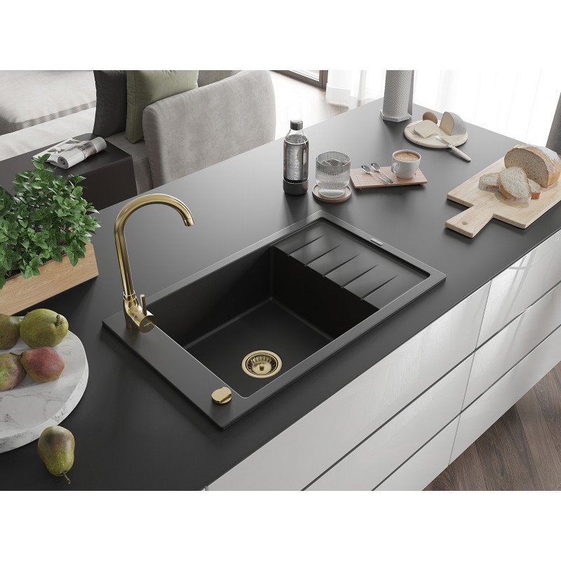 Mexen Elias Granitspüle 1-beckig mit Abtropffläche 795 x 480 mm, schwarz, goldener Siphon - 6511791005-77-G