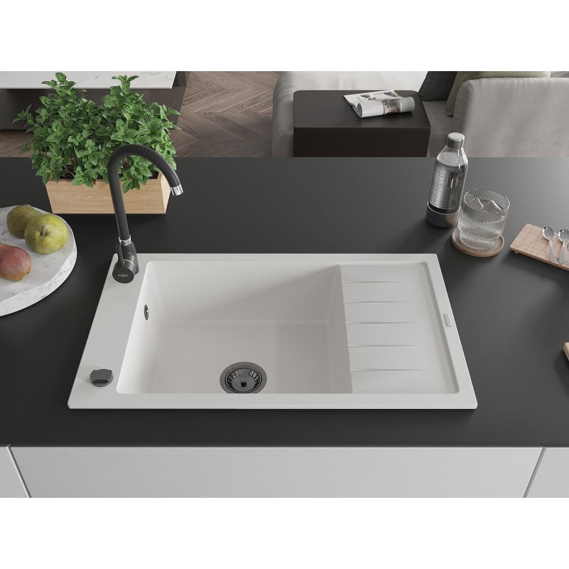 Mexen Elias Granitspüle 1 Becken mit Abtropffläche 795 x 480 mm, weiß, schwarzer Siphon - 6511791005-20-B