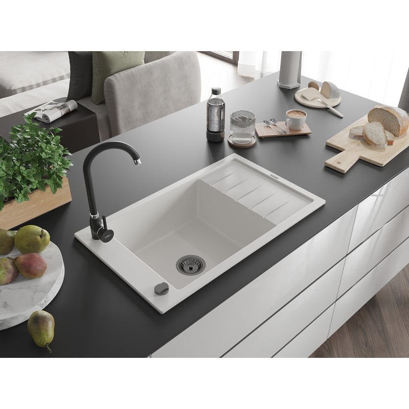 Mexen Elias Granitspüle 1 Becken mit Abtropffläche 795 x 480 mm, weiß, schwarzer Siphon - 6511791005-20-B