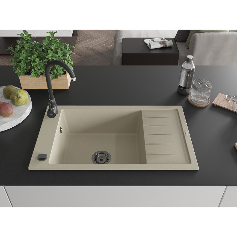 Mexen Elias Granitspüle 1-Becken mit Abtropffläche 795 x 480 mm, beige, schwarzer Siphon - 6511791005-69-B
