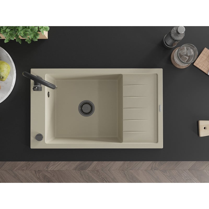 Mexen Elias Granitspüle 1-Becken mit Abtropffläche 795 x 480 mm, beige, schwarzer Siphon - 6511791005-69-B
