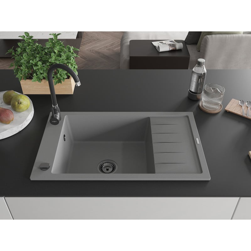 Mexen Elias Granitspüle 1-Becken mit Abtropffläche 795 x 480 mm, grau, schwarzer Siphon - 6511791005-71-B