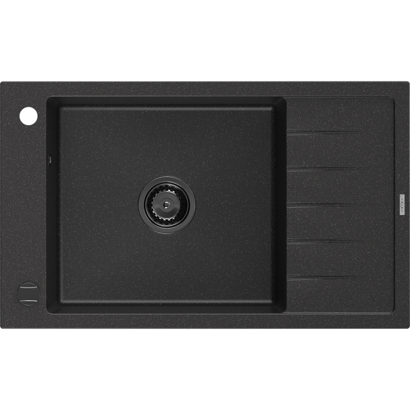 Mexen Elias Granitspüle 1-Becken mit Abtropffläche 795 x 480 mm, schwarz/silberner Metallic, schwarzer Siphon