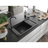 Mexen Elias Granitspüle, 1-beckig mit Abtropffläche, 795 x 480 mm, schwarz/silber metallic, schwarzer Siphon - 6511791005-73-B