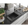 Mexen Elias Granitspüle 1-Becken mit Abtropffläche 795 x 480 mm, schwarz gesprenkelt, schwarzer Siphon - 6511791005-76-B