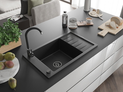 Mexen Elias Granitspüle mit einem Becken und einer Abtropffläche 795 x 480 mm, Schwarz, Siphon Schwarz - 6511791005-77-B