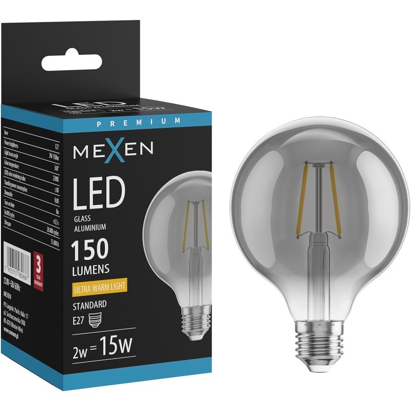 Mexen Vintis LED-Filamentlampe E27, G95, 2W, Warm - 2200K, 150 lm, Rauch - L157-E27-0222-70