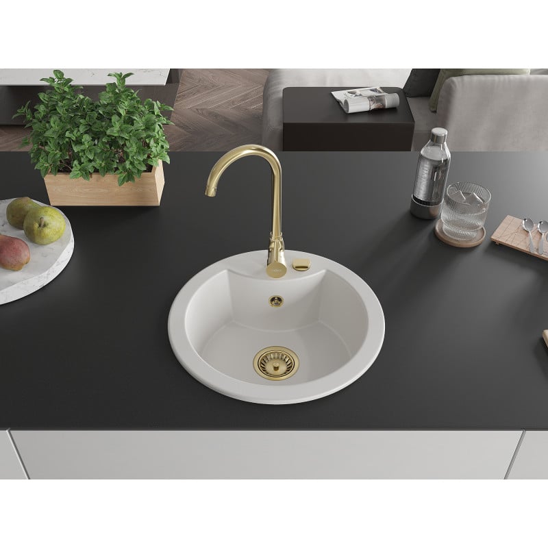 Mexen Diego Granitspüle 1-beckig 488 x 480 mm, weiß, goldener Siphon - 6512481000-20-G