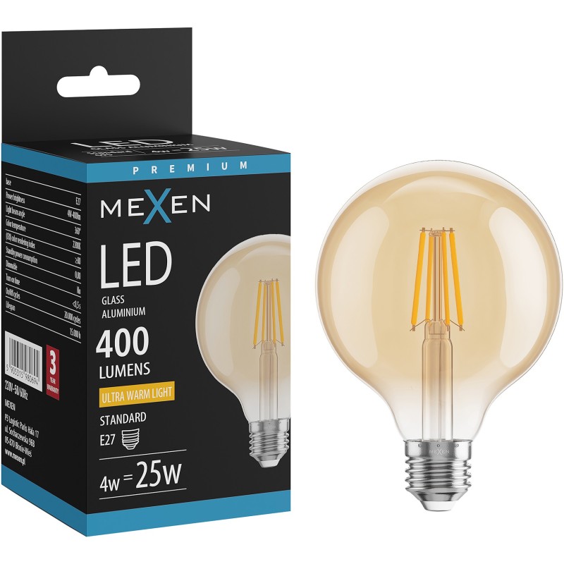 Mexen Vintis LED-Filament-Glühbirne E27, G95, 4W, Warm - 2200K, 400 lm, bernstein - L157-E27-0422-50