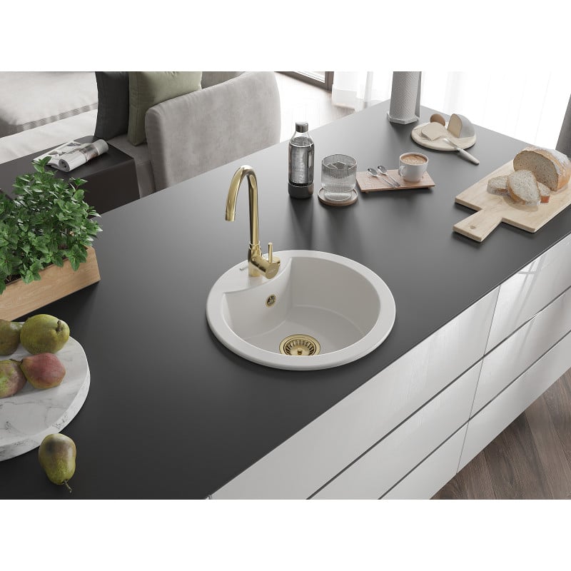 Mexen Diego Granitspüle 1-beckig 488 x 480 mm, weiß, goldener Siphon - 6512481000-20-G