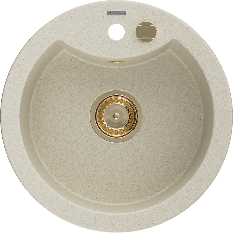 Mexen Diego Granitspüle 1-Becken 488 x 480 mm, Beige, Goldener Siphon - 6512481000-69-G
