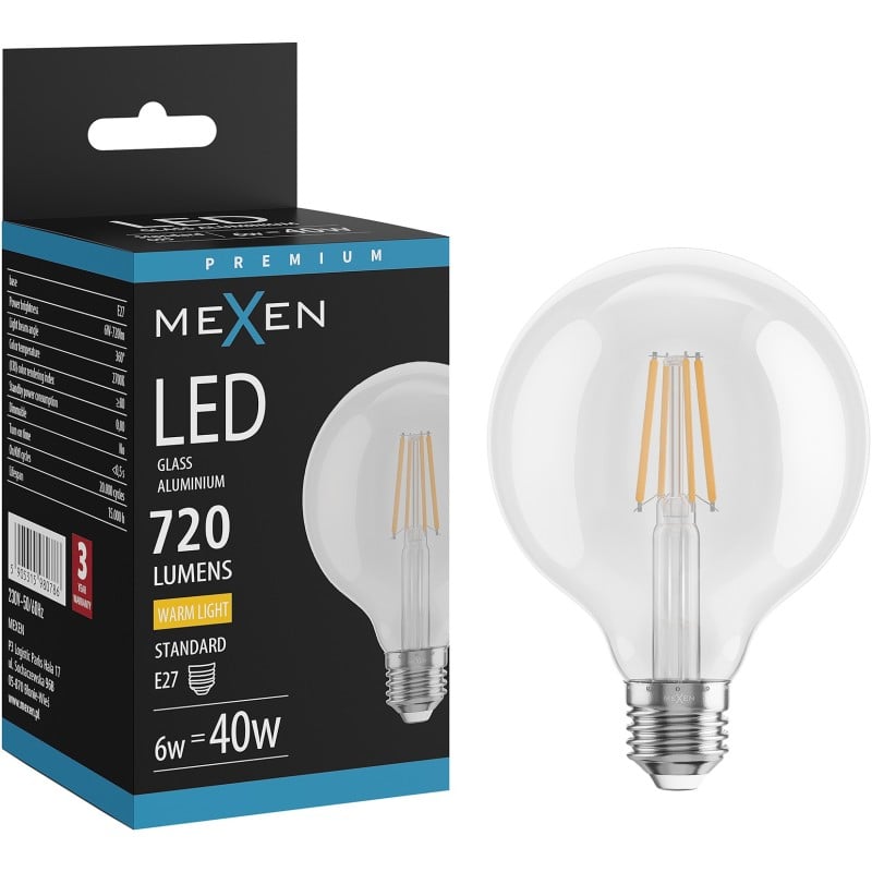 Mexen Vintis LED-Filament-Glühbirne E27, G95, 6W, Warm - 2700K, 720 lm, klar - L157-E27-0627-00