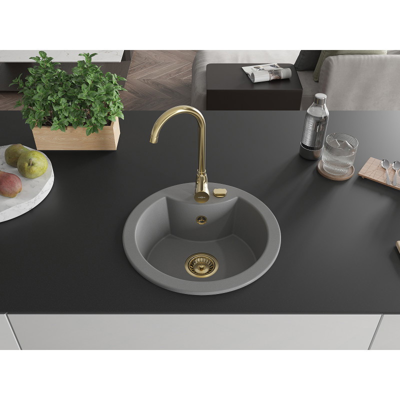 Mexen Diego einzelnes Granitspülbecken 488 x 480 mm, grau, goldener Siphon - 6512481000-71-G