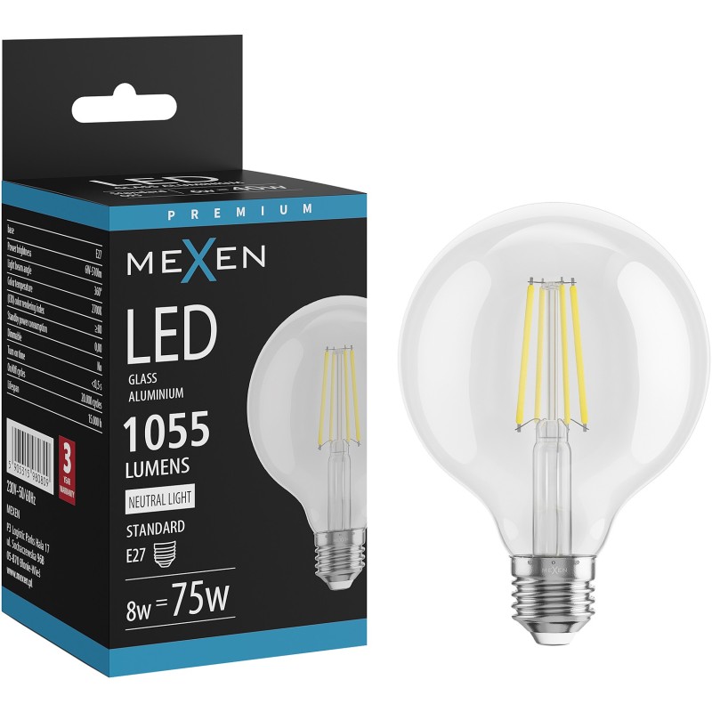 Mexen Vintis LED-Filament-Glühbirne E27, G95, 8W, Neutral - 4000K, 1055 lm, klar - L157-E27-0840-00