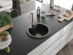 Mexen Diego Einbauspüle aus Granit 1-beckig 488 x 480 mm, schwarz/silber metallic, goldener Siphon - 6512481000-73-G