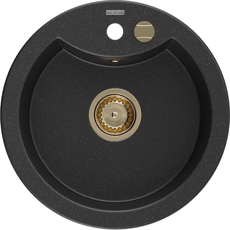 Mexen Diego Granitspüle 1-beckig 488 x 480 mm, schwarz/silber-metallic, goldener Siphon - 6512481000-73-G
