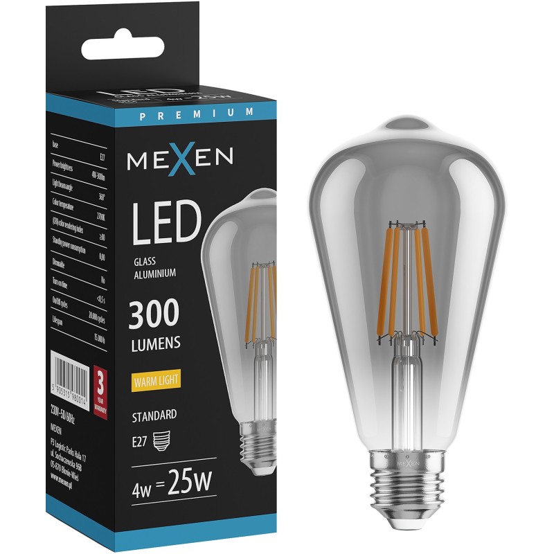 Mexen Vintis LED-Filament-Glühbirne E27, ST64, 4W, Warm - 2200K, 300 lm, Rauch - L152-E27-0422-70