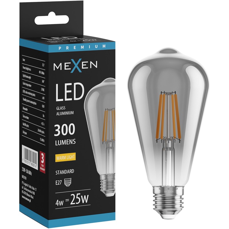 Mexen Vintis LED-Filament-Glühbirne E27, ST64, 4W, Warm - 2700K, 300 lm, smoke - L152-E27-0427-70