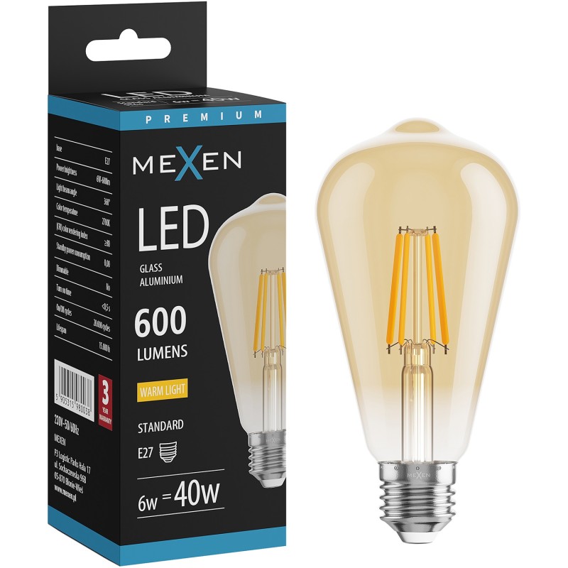 Mexen Vintis LED-Filament-Glühbirne E27, ST64, 6W, Warm - 2700K, 600 lm, amber - L152-E27-0627-50