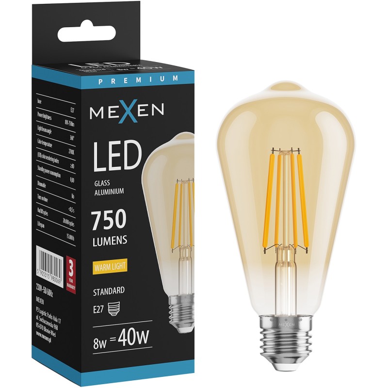 Mexen Vintis LED-Filament-Glühbirne E27, ST64, 8W, Warm - 2700K, 750 lm, amber - L152-E27-0827-50