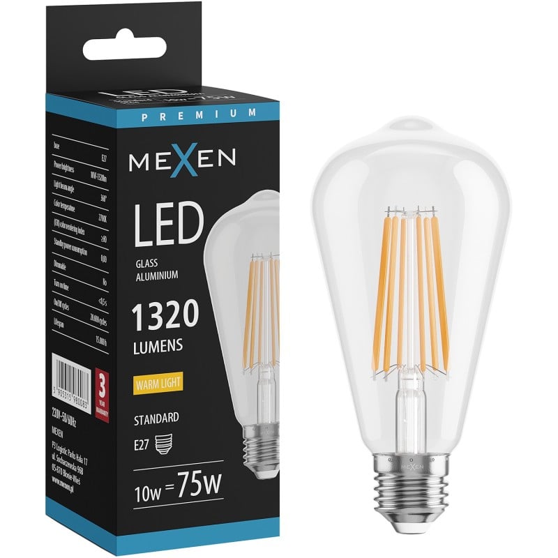 Mexen Vintis LED-Filament-Glühbirne E27, ST64, 10W, Warm - 2700K, 1320 lm, klar - L152-E27-1027-00