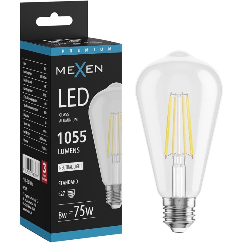 Mexen Vintis LED-Filamentlampe E27, ST64, 8W, Neutral - 4000K, 1055 lm, klar - L152-E27-0840-00
