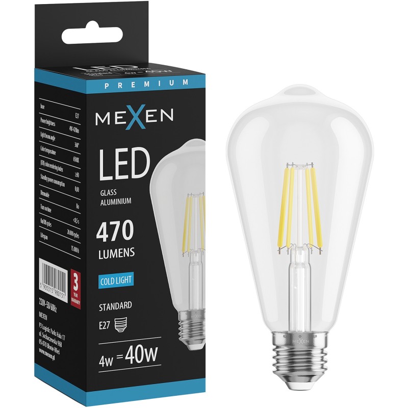 Mexen Vintis LED-Filament-Glühbirne E27, ST64, 4W, Kalt - 6500K, 470 lm, klar - L152-E27-0465-00