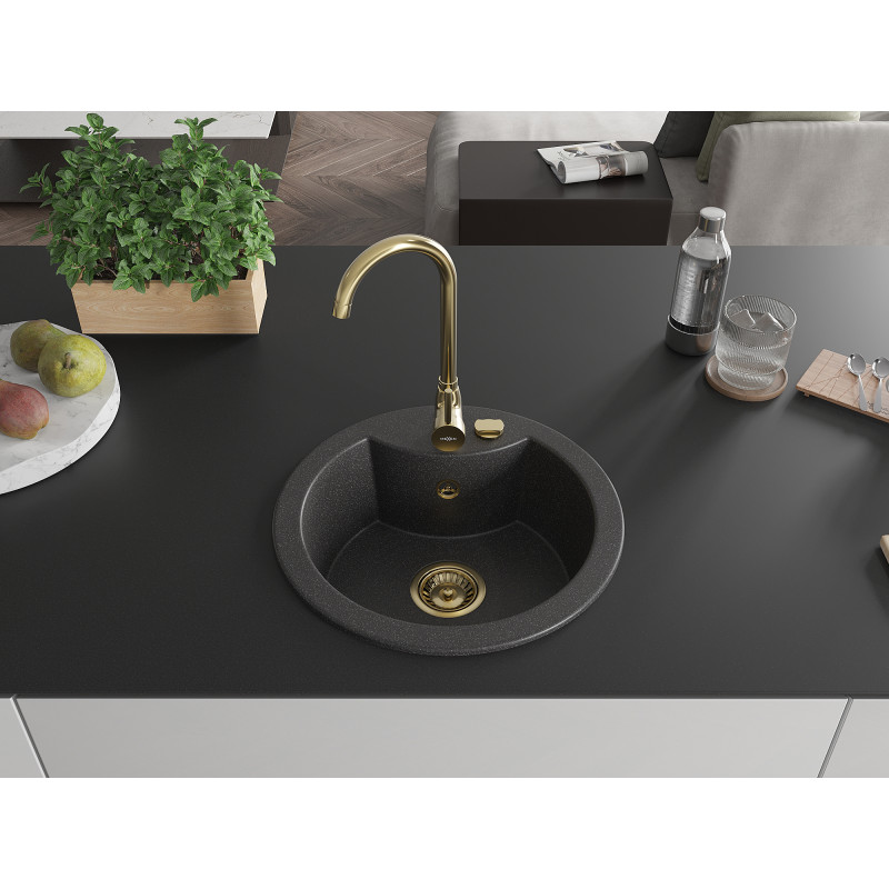 Mexen Diego Granitspüle 1-Becken 488 x 480 mm, schwarz gesprenkelt, goldener Siphon - 6512481000-76-G