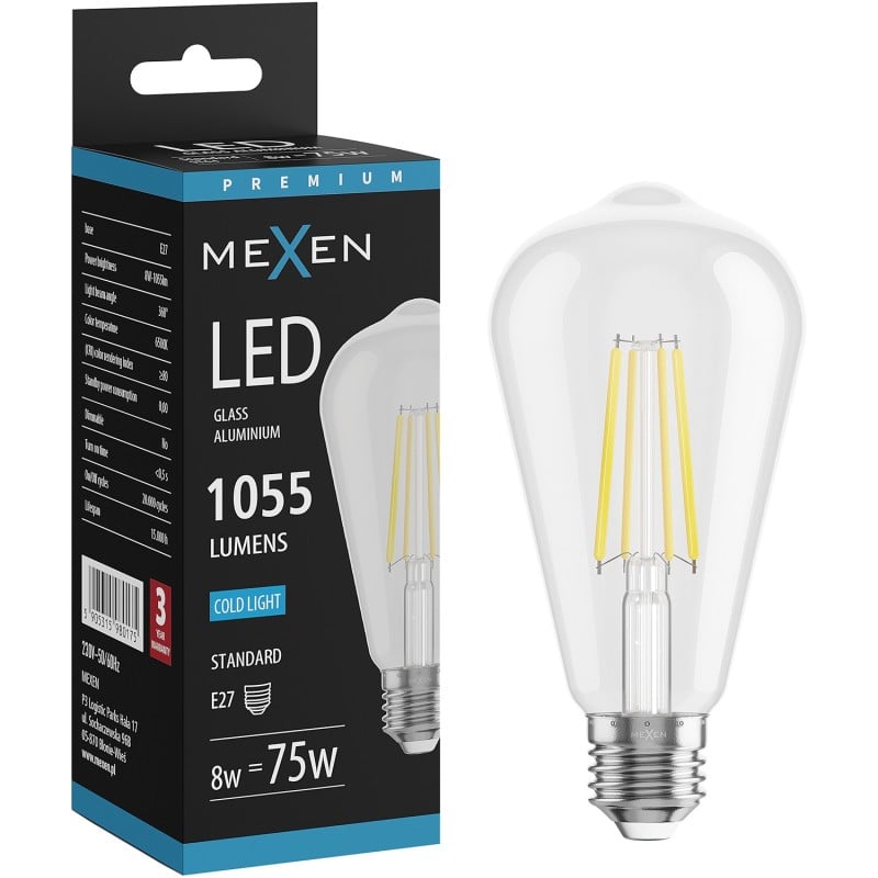 Mexen Vintis LED-Filamentlampe E27, ST64, 8W, Kaltweiß - 6500K, 1055 lm, klar - L152-E27-0865-00
