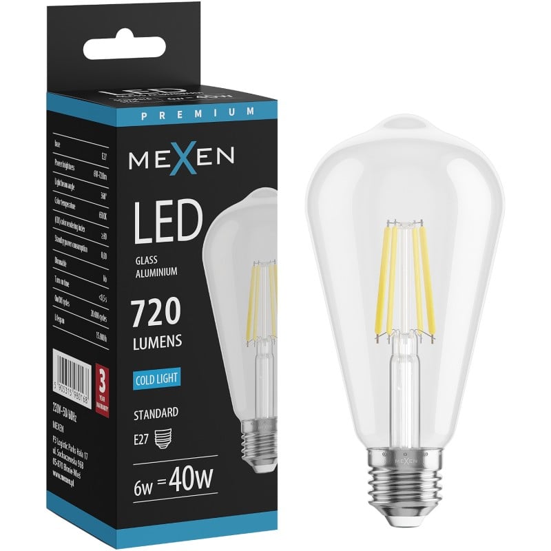 Mexen Vintis LED-Filament-Glühbirne E27, ST64, 6W, Kalt - 6500K, 720 lm, klar - L152-E27-0665-00