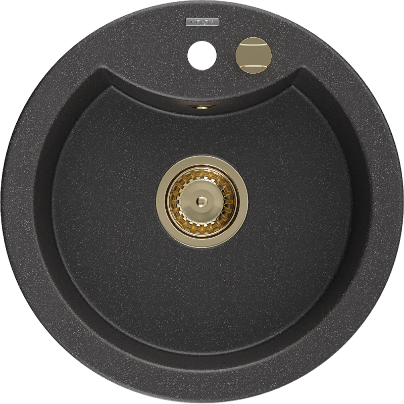 Mexen Diego Granitspüle 1-Becken 488 x 480 mm, schwarz gesprenkelt, goldener Siphon - 6512481000-76-G