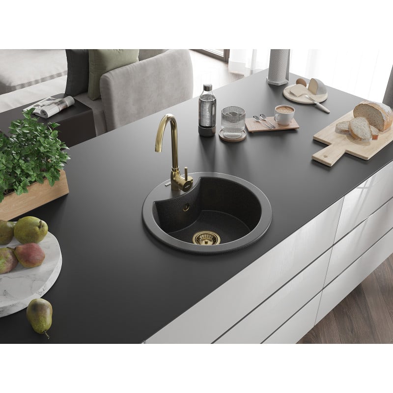 Mexen Diego Granitspüle 1-beckig 488 x 480 mm, schwarz gesprenkelt, goldener Siphon - 6512481000-76-G
