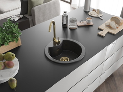Mexen Diego Granitspüle 1-beckig 488 x 480 mm, schwarz gesprenkelt, goldener Siphon - 6512481000-76-G