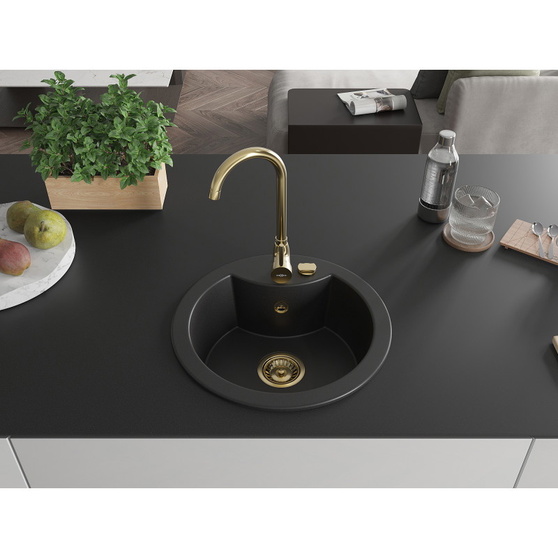 Mexen Diego Granitspüle 1-beckig 488 x 480 mm, schwarz, goldener Siphon - 6512481000-77-G