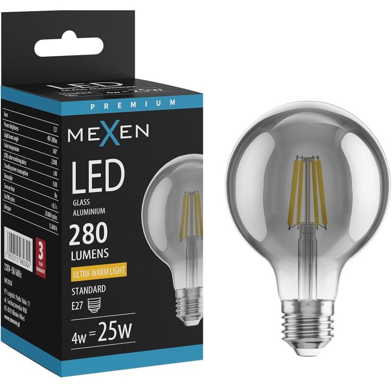 Mexen Vintis LED-Filamentlampe E27, G80, 4W, Warm - 2200K, 280 lm, Rauchgrau - L155-E27-0422-70
